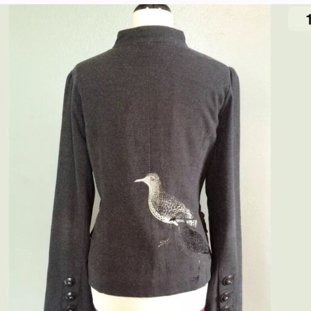 Rare Elevenses Anthropologie Gray Bird Print Blazer Jacket Feathered Friend